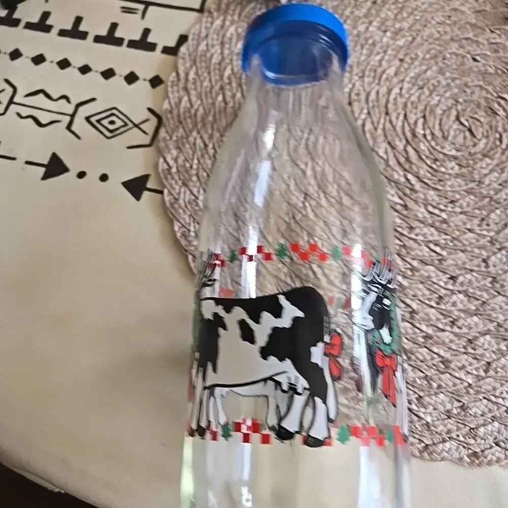 Vtg Holiday Christmas Pitcher Cow Glass Milk Bottle Carafe France Red Lid Farm